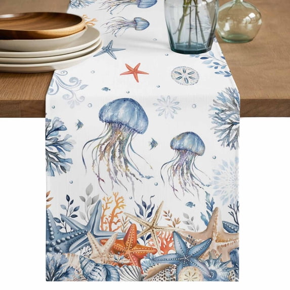 Jellyfish Coastal Table Runner 72 Inches, Summer Beach Coral Starfish Ocean Bed Runner Dresser Scarves Tabletop for Indoor Outdoor Parties/Ceremony/Banquet, 14" x 72"