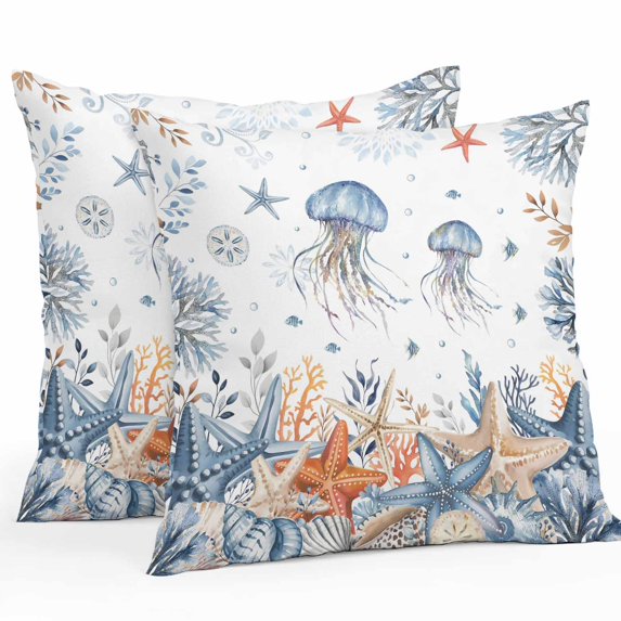 Jellyfish Coastal Throw Pillow Covers 18x18 Inch Set of 2, Summer Beach Coral Starfish Ocean Waterproof Outdoor Pillow Covers, Decorative Cushion Pillowcases for Couch, Sofa, Bed, Garden, Patio