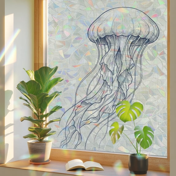 Jellyfish Coastal Window Privacy Film Rainbow Static Cling Stain Glass Window Film for Glass Door, Decorative Sunroof Decal Sticker for Car 35.4"x78.7" Nautical Summer Ocean Seaside Rustic