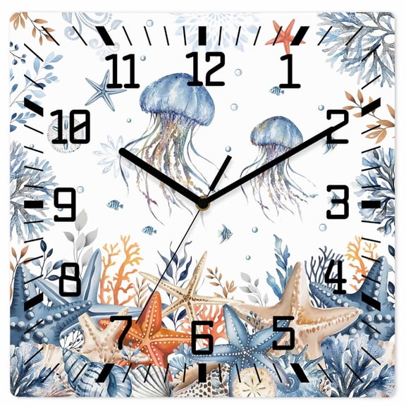 Jellyfish Coastal Wooden Wall Clock Silent Non Ticking, Summer Beach Coral Starfish Ocean Square Wall Clocks Battery Operated, Decor Clock for Home Office, Living Room, Kitchen, 10 Inch