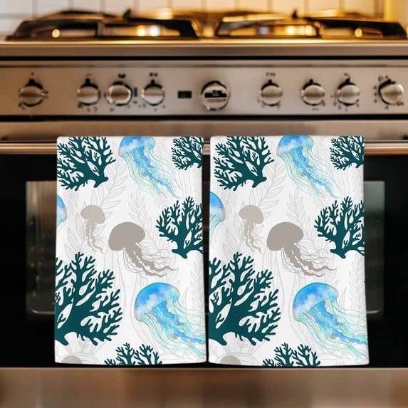 Jellyfish Coral Coastal Kitchen Towels Set of 2, Nautical Summer Beach Ocean Sea Absorbent Dish Towels for Kitchen, Microfiber Hand Towel, Quick Drying Tea Towel for Cleaning Decorative Dishcloths