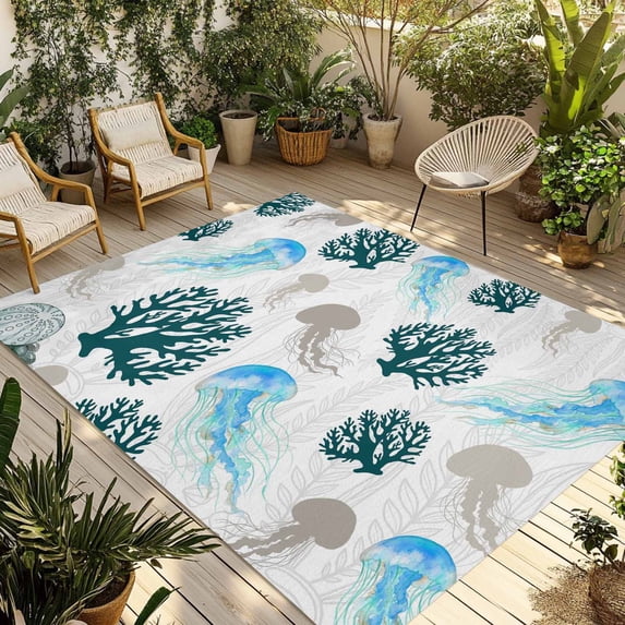 Jellyfish Coral Coastal Outdoor Rug 3x5 Ft - Reversible Patio Rug Outdoor Camping Rugs, Nautical Summer Beach Ocean Sea Indoor Outdoor Area Rugs, Non-Slip Outdoor Carpet Runner for Deck/Porch