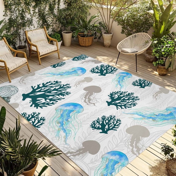 Jellyfish Coral Coastal Outdoor Rug for Patio/Deck/Porch, Non-Slip Large Area Rug 3 x 5 Ft, Nautical Summer Beach Ocean Sea Indoor Outdoor Rugs Washable Area Rugs, Camping Rug Carpet Runner
