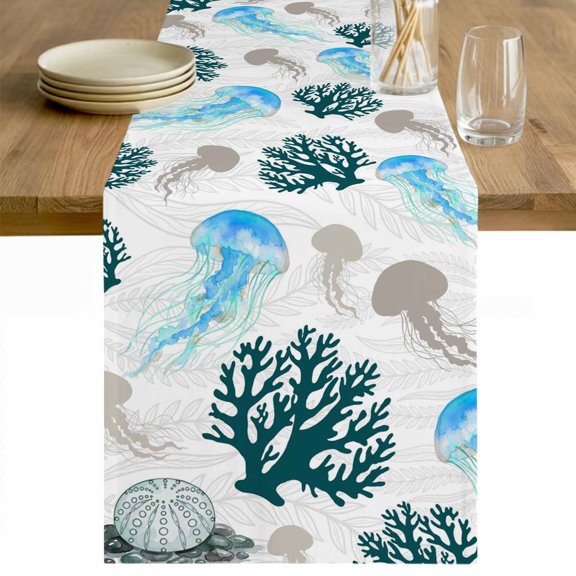 Jellyfish Coral Coastal Table Runner - 36 Inch Long Nautical Summer Beach Ocean Sea Cotton and Linen Blended Dress Scarves Farmhouse Table Runner for Kitchen Dining, Coffee Table, 13" x 36"