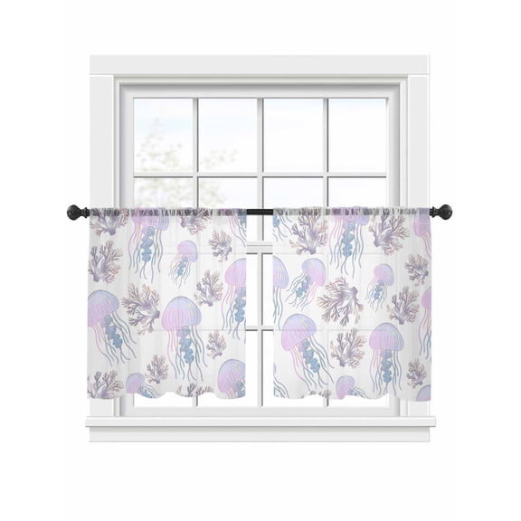 Jellyfish Coral Sheer Curtains 2 Panels Set Dreamy Pink Purple Ocean Coastal Sheer Window Curtains Light Filtering Rod Pocket Voile Drapes for Bedroom Living Room 52"x54"