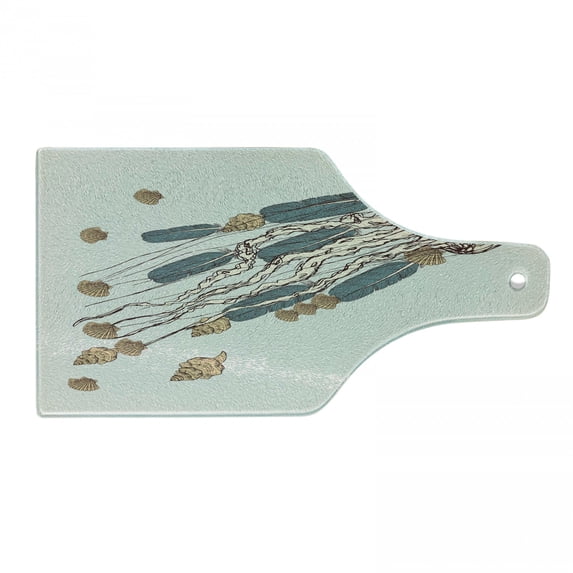 Jellyfish Cutting Board, Boho Feather Tentacles Shells Vintage Art Print Under the Sea Tribal Fish, Tempered Glass Cutting and Serving Board, Wine Bottle Shape, Grey Beige Brown, by Ambesonne