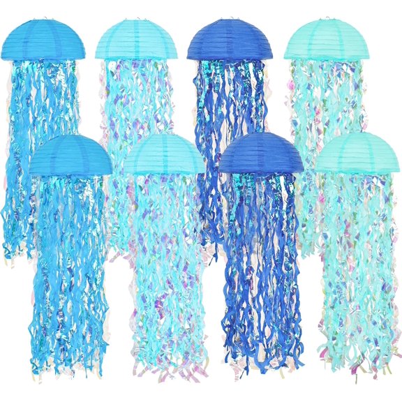 Jellyfish Decor, 8Pcs Hanging Jellyfish Lanterns for Under the Sea Party | 10" blue paper lanterns for ocean themed birthdays, mermaid parties, baby showers and sea animal party decor