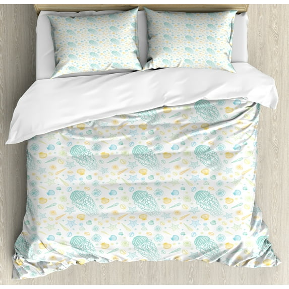 Jellyfish Duvet Cover Set, Marine Themed Summer Print of Colorful Outline Shells Starfish, Decorative 3 Piece Bedding Set with 2 Pillow Shams, Calking Size, Turquoise Earth Yellow, by Ambesonne