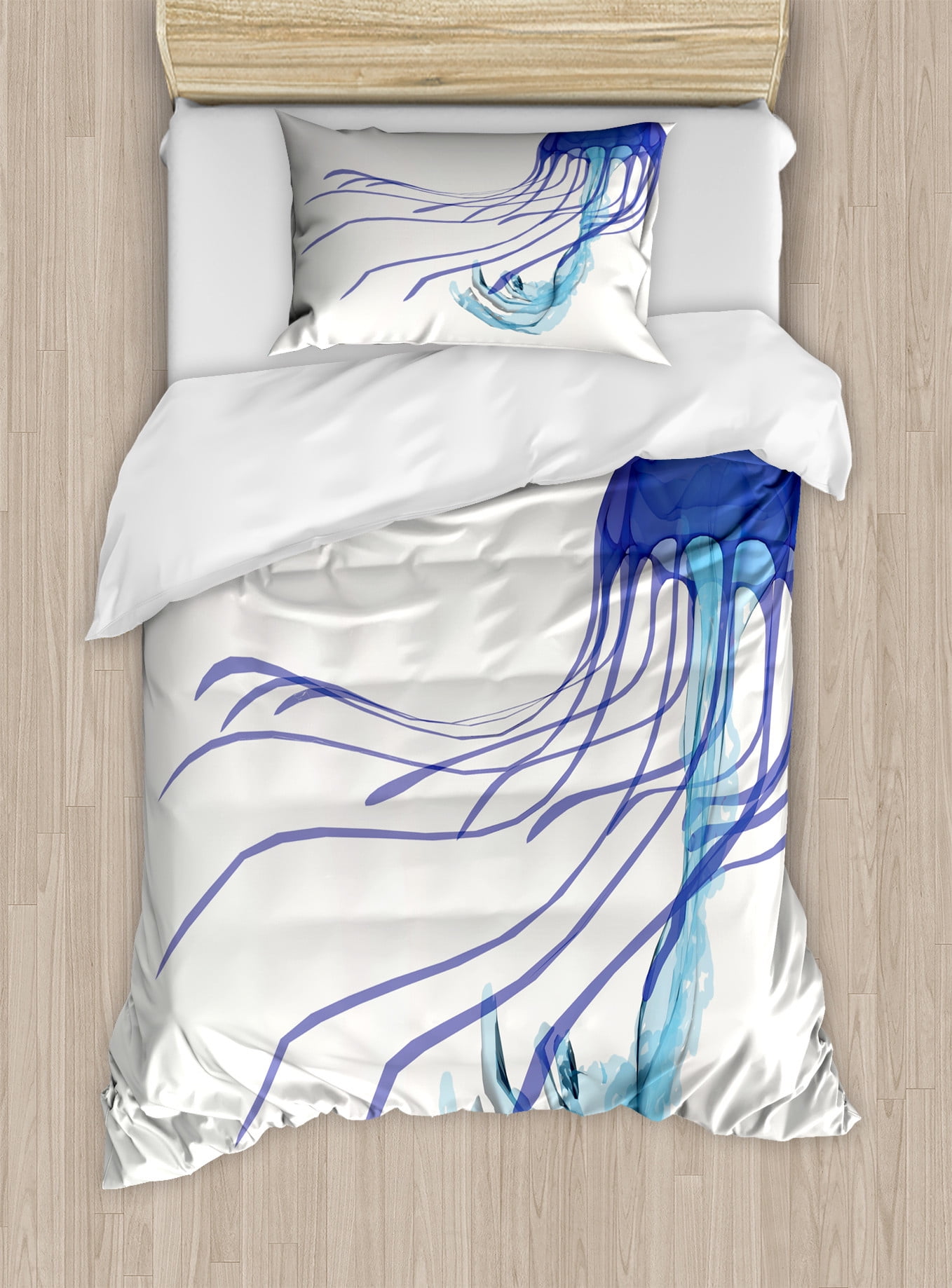 Twin Off-White and Blue Jellyfish Microfiber Duvet Cover Set