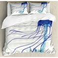 thumbnail image 1 of Jellyfish Duvet Cover Set, Pattern of Aquatic Animal Poisonous Tentacles Floating Away, Decorative 3 Piece Bedding Set with 2 Pillow Shams, Queen Size, Off White Persian Blue, by Ambesonne, 1 of 3