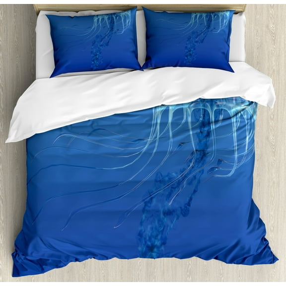 Jellyfish Duvet Cover Set Queen Size, Blue Spotted Jelly Fish Aquarium Life Marine Animals Ocean Predator in the Deep Water, Decorative 3 Piece Bedding Set with 2 Pillow Shams, Blue, by Ambesonne