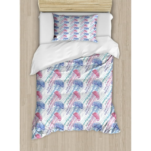 Jellyfish Duvet Cover Set Twin Size, Continuous Pattern of Colorful Jiggly Underwater Animal Repetition Style, Decorative 2 Piece Bedding Set with 1 Pillow Sham, Multicolor, by Ambesonne