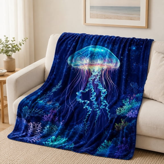Jellyfish Fleece Throw Blanket, Ocean Coral Plush Sofa Blanket