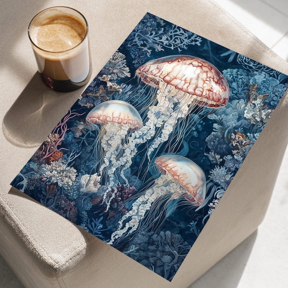 Jellyfish Floating Among Intricate Coral Patterns Classic Vintage Ocean Sea Animal Life, Unframed Poster