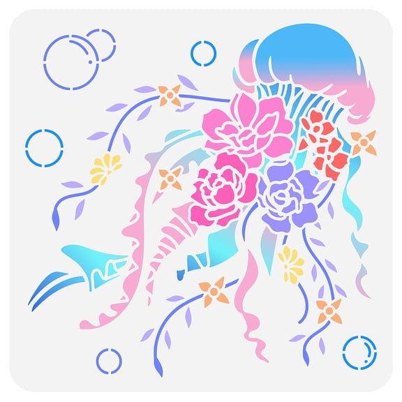 Jellyfish Flowers Painting Stencil 11.8x11.8 inch Hollow Out Vines Leaves Craft Stencil Reusable Marine Life Stencil Jellyfish Bubbles Template