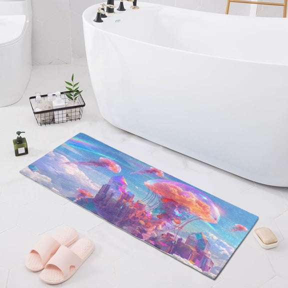 Jellyfish Flying and Rainbow Bath Mat 39x20 Non-Slip Bathroom Rugs Absorbent Soft Plush Quick Dry for Tub Shower Kitchen Home Decor