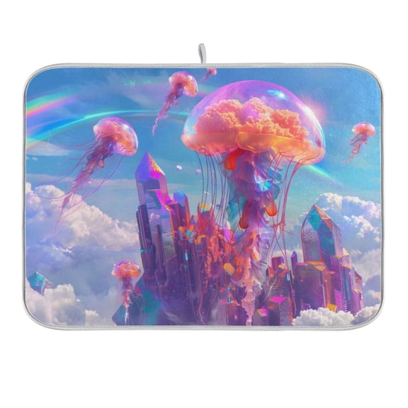 Jellyfish Flying and Rainbow Dish Drying Mat 16x18 Absorbent Microfiber Draining Rack Pad for Kitchen Counter Sink