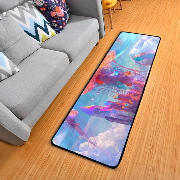 Jellyfish Flying and Rainbow Hallway Runner Rug 2'X6' Non-Slip Washable Carpet Runner Kitchen Entryway Laundry Bedroom
