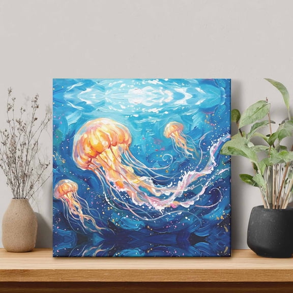 Jellyfish Framed Canvas Wall Art, Coastal Bubbles Dreamy Ocean Dynamic Wall Art Painting for Living Room Bedroom Home Decor, 8”x8”, Office Artwork Print