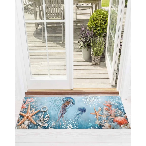 Jellyfish Front Door Mat Coral Starfish Ocean Coastal Welcome Doormat Indoor Outdoor Entrance Floor Mat Non-Slip Washable Runner Rug for Front Porch Decor 24x71 Inch