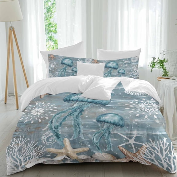 Jellyfish Full Size Comforter Set, Coral Starfish Coral Vintage Bedding for All Seasons, 4 Pcs Bed Set, 1Quiltcover (86"x86") ,1Sheet(80"x116"), 2Pillowcases (30"x20")