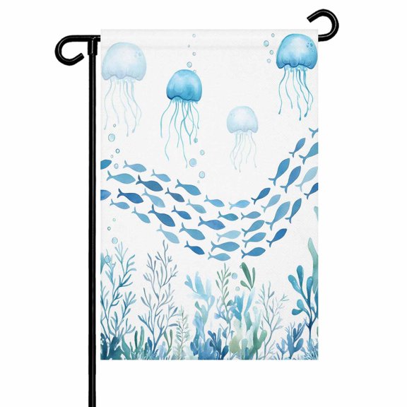 Jellyfish Garden Flag 12x18 Inch Watercolor Ocean Blue Jellyfish Fish Seaweed Double Sided Small Decorative Garden Flags for Outside, Outdoor Yard Porch Lawn Decoration