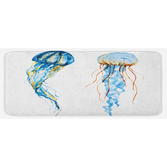 Jellyfish Kitchen Mat, Jellyfish Exotic Sea Ocean Creature Aquatic Animals Watercolor Raster Graphic, Plush Decorative Kitchen Mat with Non Slip Backing, 47" X 19", Blue, by Ambesonne