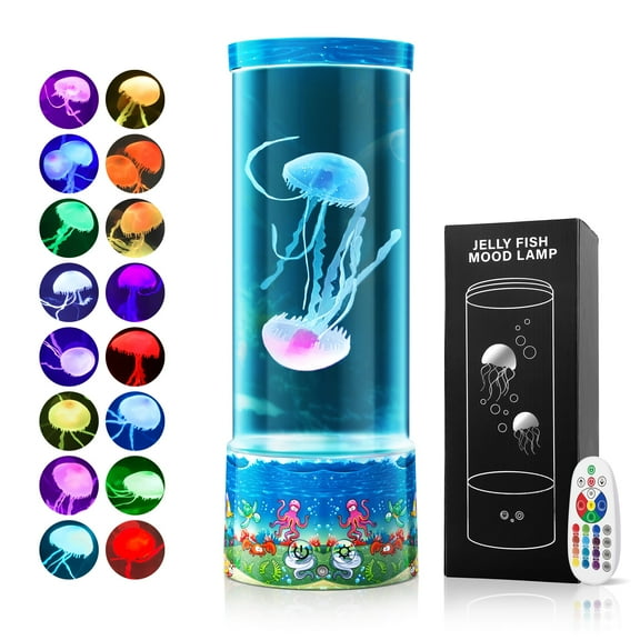 Jellyfish Lamp with Blue Ocean Theme - UV Printed Cute Cartoon Marine Animals, 17 Light Effects & Remote, Aquarium Night Light for Kids Room, Christmas Birthday Gifts