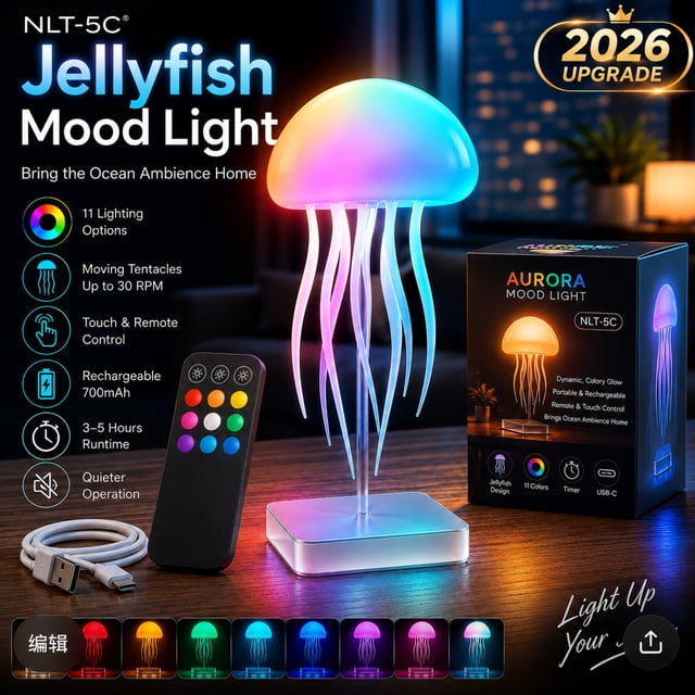 Jellyfish Lamp, Jelly Fish Light Lamp, RGB LED Color Changing Night ...