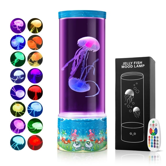 Jellyfish Lamp - UV Printed Blue Sea Turtle & Dolphin Design, 17 Light Effects Aquarium w/ Remote, Kids Gift for Girls Boys