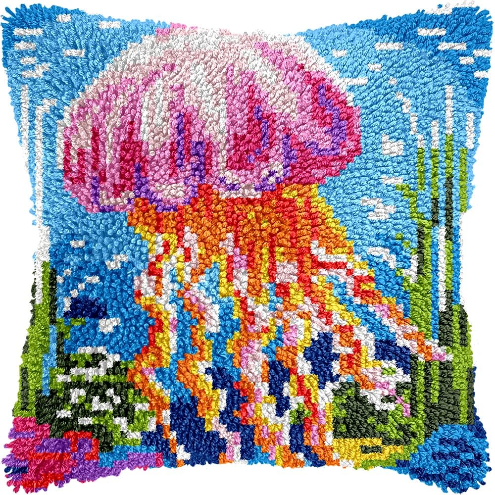 Jellyfish Latch Hook Pillow Kits for DIY Throw Pillow Cushion Embroidery Latch Hooking Pillowcase Kits with Preprinted Canvas Crochet Yarn Kits for Home Decor 17''X 17''(j63)