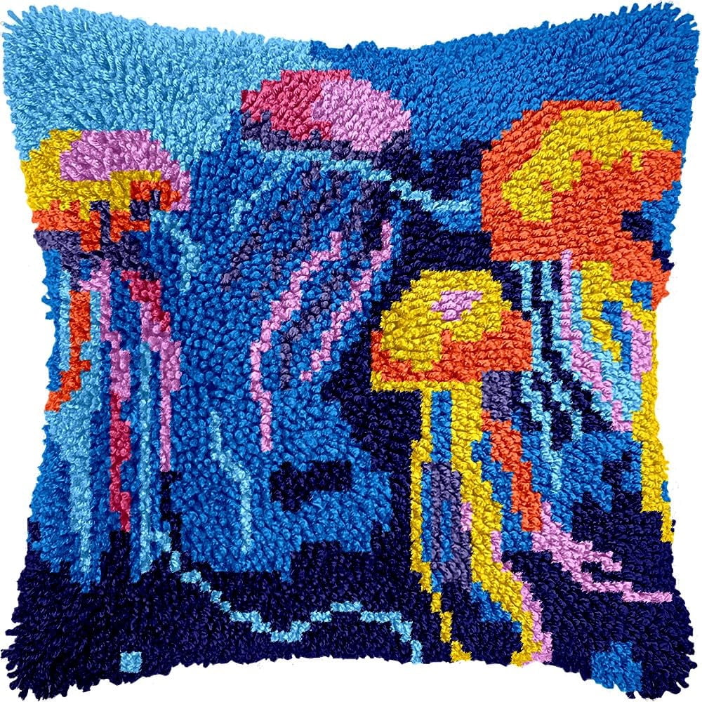 Jellyfish Latch Hook Pillow Kits Pillow Cover Latch Hook Crafts Crochet Knitted Hooking Pillowcase Cushion Crafts Embroidery Latch Hooking Kits Material Set 17x17 inch(117)