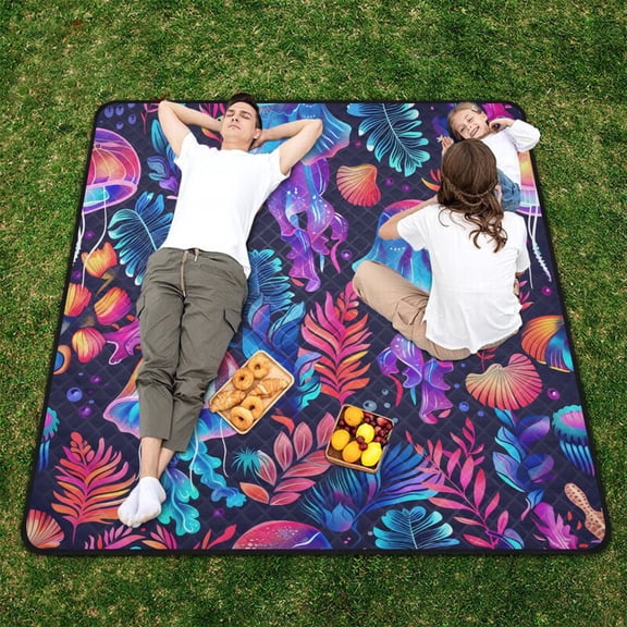 Jellyfish Leaves Colorful Beach Blanket Outdoor Picnic Blanket 78"x 78" Waterproof Foldable for Beach Camping Travel Hiking Grass Lawn Park
