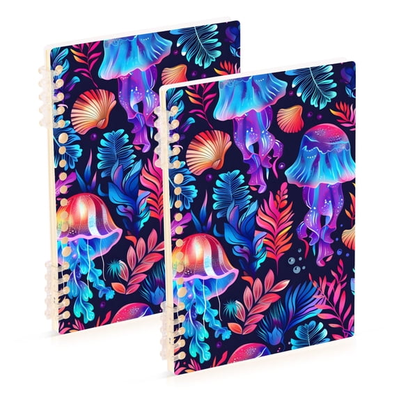 Jellyfish Leaves Colorful Ring Binder Notebook Journey Note Diary College Ruled Spiral Notebook Study Loose Leaf Paper A5 60 Pages