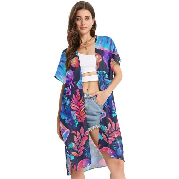 Jellyfish Leaves Colorful Women Swimsuit Cover up V Neck Beach Dress Short Sleeve Vacation Outfits Swimwear