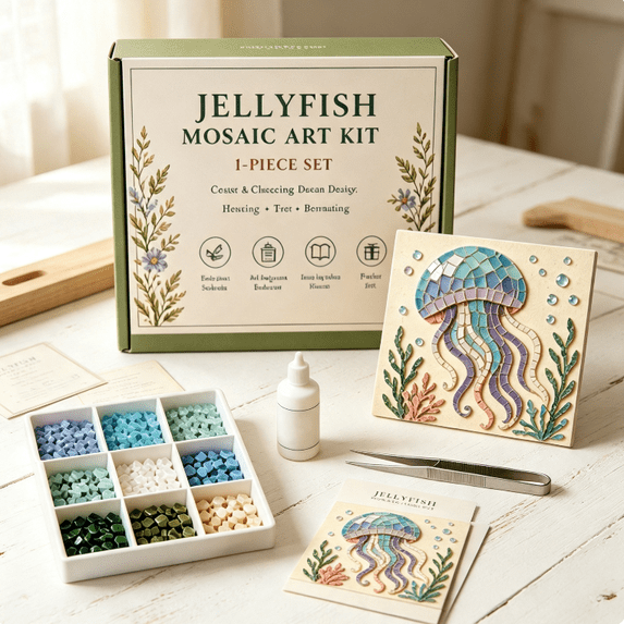 Jellyfish Mosaic Tile Art DIY Kit, Under the Sea Handmade Craft Project, All Included Art Supplies for Beginners