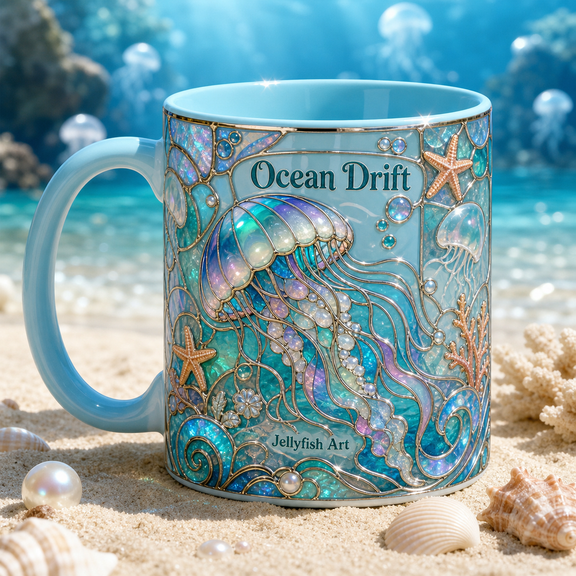 Jellyfish Mug, 2D Flat Ceramic Mug Ocean Drift Coffee Cup, Ocean Art Gift for Sea Lovers
