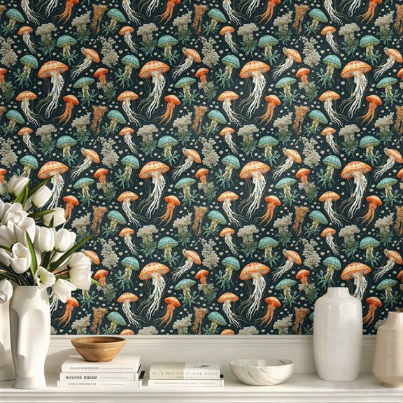 Jellyfish Ocean Peel and Stick Wallpaper, Dark Teal Under‑Sea Marine Life Pattern Removable Self‑Adhesive Wall Covering, Whimsical Aquatic Wall Decor for Bedroom, Bathroom, Living Room, Apartment