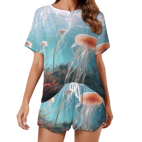 Jellyfish Ocean Style 2 Pack Women’s Pajama Set Print Sleepwear And Shorts Y2k Loungewear Sets S-5XL