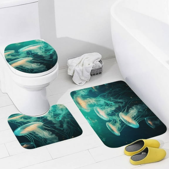 Jellyfish Ocean Style 3 Pieces Bath Mats Set, Non-Slip Washable Cover Floor Rug Decorations for Kitchen Bathroom Bedroom