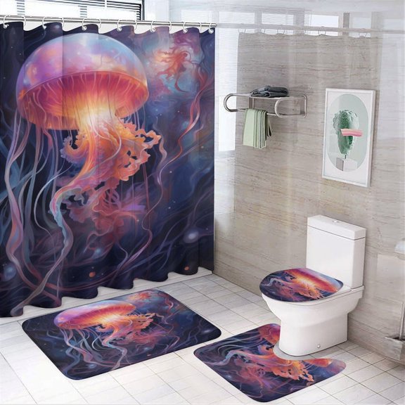 Jellyfish Ocean Style 4Pcs Shower Curtain Set Shower Curtain Set with Carpet Bath Mat