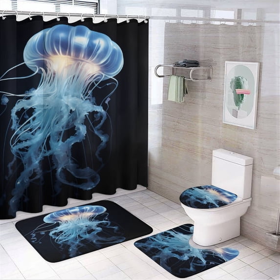 Jellyfish Ocean Style 4Pcs Shower Curtain Set Shower Curtain Set with Carpet Bath Mat