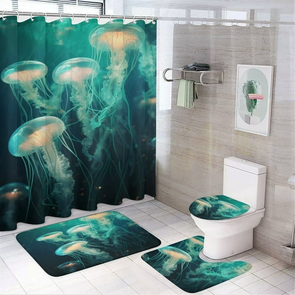 Jellyfish Ocean Style 4Pcs Shower Curtain Set Shower Curtain Set with Carpet Bath Mat