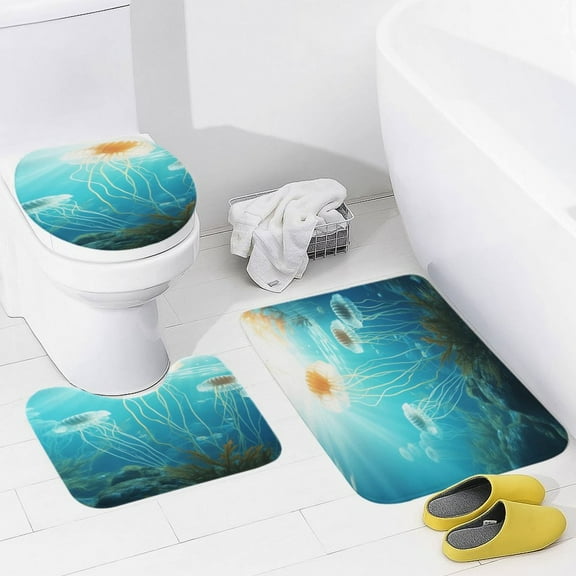 Jellyfish Ocean Style Bathroom Mats Set 3-piece Bath Mats , Floor Rug Decorations for Kitchen Bathroom Bedroom