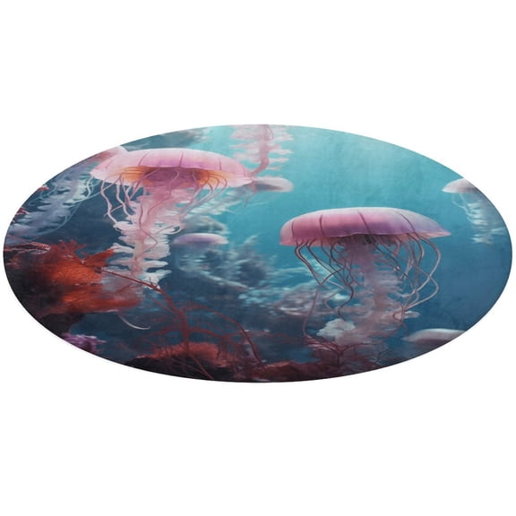 Jellyfish Ocean Style Floral Medallion Round Rug - Small Round Area Rug, Soft Non-Slip Machine Washable Bedroom Mat Indoor Accent Entry Carpet for Office Desk Dorm Hallway