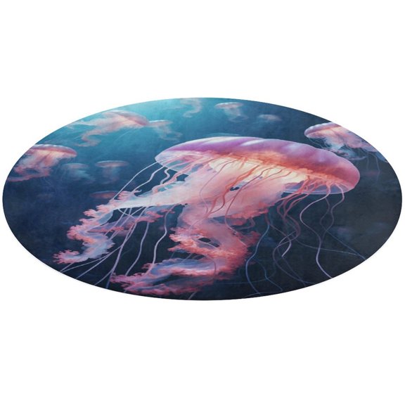 Jellyfish Ocean Style Floral Medallion Round Rug - Small Round Area Rug, Soft Non-Slip Machine Washable Bedroom Mat Indoor Accent Entry Carpet for Office Desk Dorm Hallway