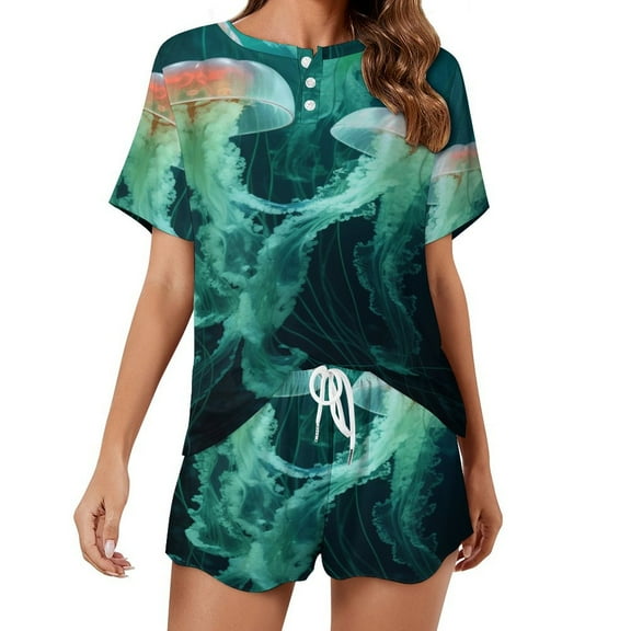 Jellyfish Ocean Style Pajama Set for Women 2 Piece Sleepwear Loungewear Short Sleeve