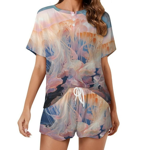Jellyfish Ocean Style Pajama Set for Women 2 Piece Sleepwear Loungewear Short Sleeve