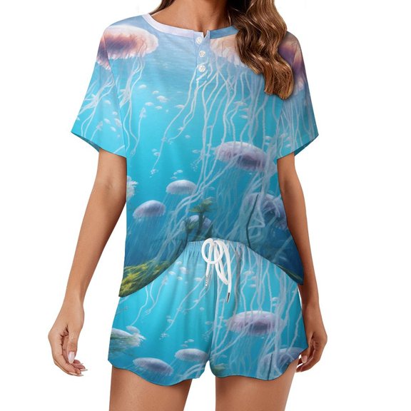 Jellyfish Ocean Style Pajama Set for Women 2 Piece Sleepwear Loungewear Short Sleeve