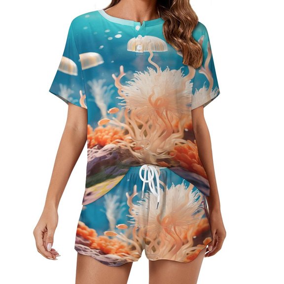 Jellyfish Ocean Style Pajama Set for Women 2 Piece Sleepwear Loungewear Short Sleeve